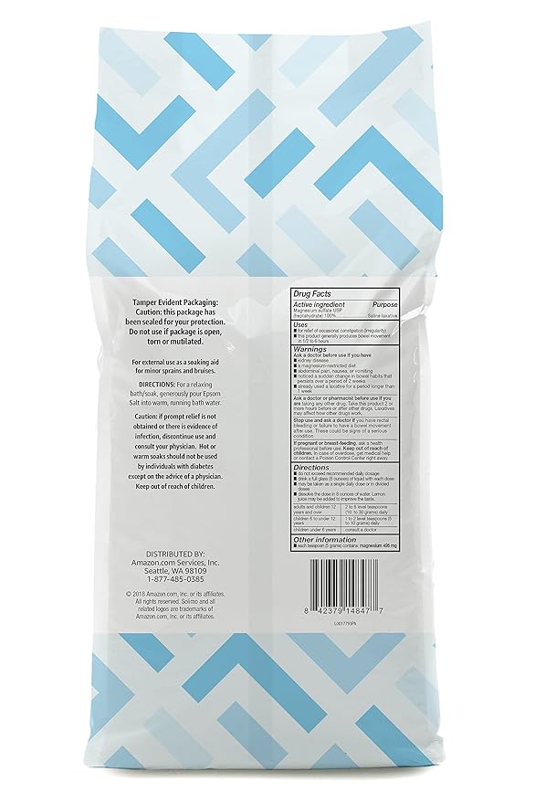 Amazon Brand - Solimo Epsom Salt Soak, Magnesium Sulfate USP, Relaxing Bath Soaking Aid, Unscented, 8 Pound, Pack of 3, Resealable Bags