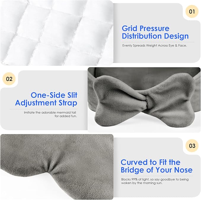 Weighted Eye Mask for Sleeping, Soft Minky Sleep Mask for Side Sleeper with Adjustable Buckle, 100% Blockout Design, Ideal for Meditation, Relaxation and Travel, Includes Storage Pouch (Gray)