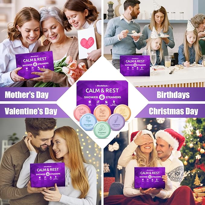 BlissfulOasis Shower Steamers 6 Packs, Shower Bath Bombs with Natural Fragrance, Self-Care & Relaxation Birthday Presents for Loved Ones, Shower Bombs with Valentine's Day Presents for for Her