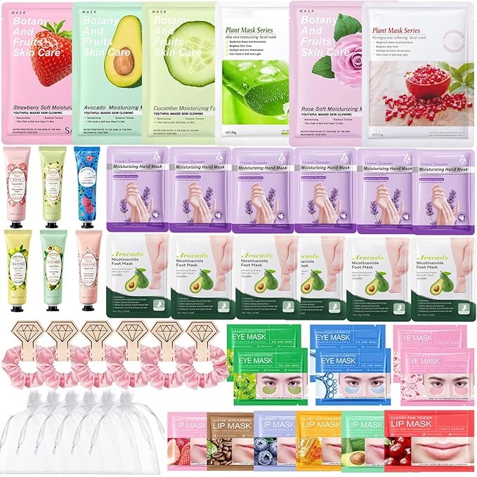 Spa Party Supplies for Women, Spa Party Favors,Facial Masks,Foot Mask,Under Eye Patches,Hand Mask,Hand Cream,Lip mask,Spa Day Kit,Birthday Mothers Day Gifts for Women Sleepover,Baby Shower favors