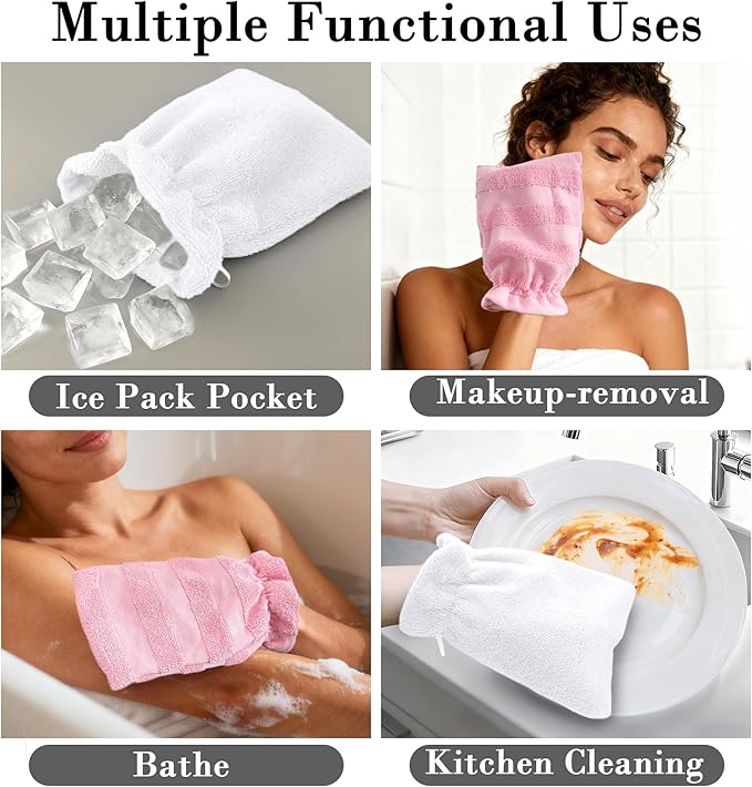 VOOVA & MOVAS 6-Pack Wash Mitts for Body, 100% Cotton Soft Absorbent Wash Cloths with Hanging Loop, 8.3x6.3 Inch European Style Wash Gloves for Shower & Spa, Jacquard Pink Stripe & White