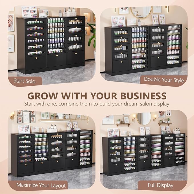OmySalon Nail Polish Organizer Cabinet with Drawers, 47.2" L Large Nail Salon Storage for Polish & Powder, 7 Clear & 10 Visual Drawers, Wooden Beauty Salon Furniture (Black)