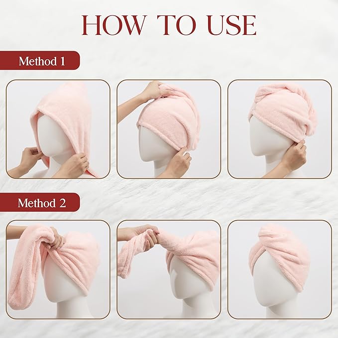 3 Pack Large Microfiber Hair Towel Wrap for Women 30 x 10 in | Hair Drying Towel with Button | Hair Turban Towel Quick Dry Waffle Coral Fleece Head Towels (Pink + Blue + Grey)