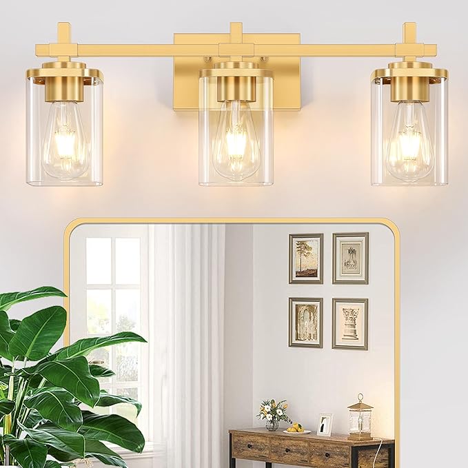 3-Lights Gold Bathroom Light Fixtures, Bathroom Vanity Light Over Mirror, Brushed Gold Wall Lights with Glass Shades, Indoor Wall Mounted Lamp for Living Room Bedroom Hallway