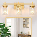 3-Lights Gold Bathroom Light Fixtures, Bathroom Vanity Light Over Mirror, Brushed Gold Wall Lights with Glass Shades, Indoor Wall Mounted Lamp for Living Room Bedroom Hallway