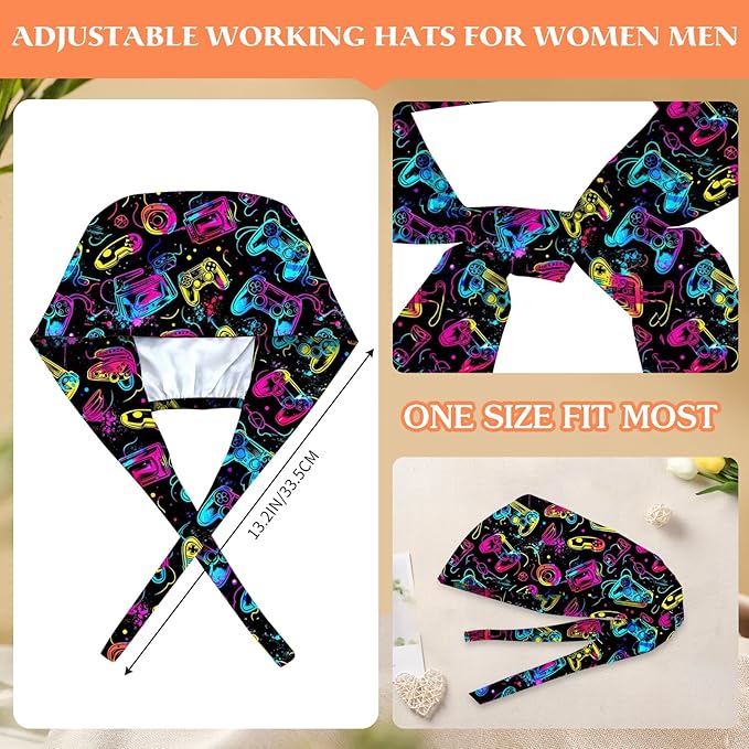 Adjustable Scrub Cap with Buttons & Sweatband, Working Hat with Elastic Tie Back, Unisex Nurse Surgical Caps for Women & Men