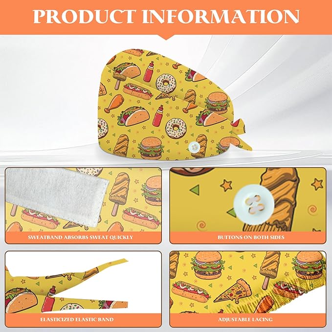 Adjustable Scrub Cap with Buttons & Sweatband, Working Hat with Elastic Tie Back, Unisex Nurse Surgical Caps for Women & Men