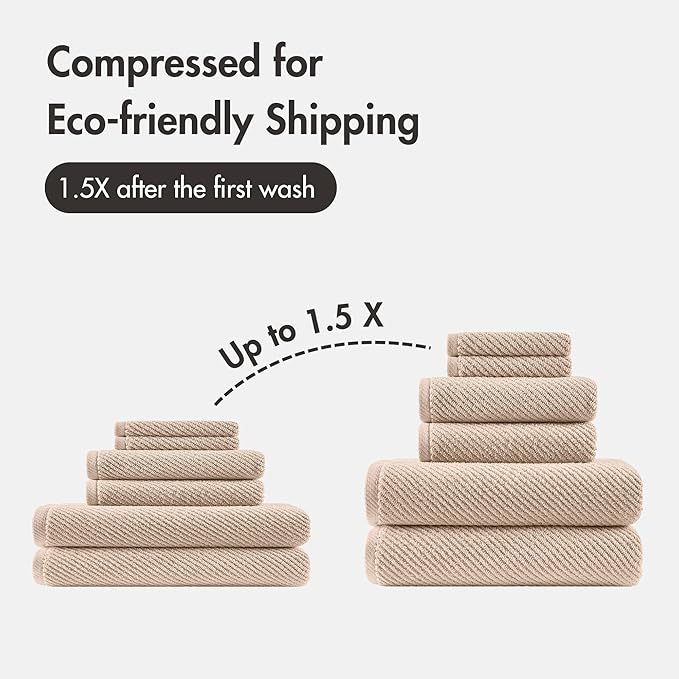 Madison Park Bathroom Towel Set of 6 Diagonal Ribbed, Beige 100% Cotton Quick Dry & Absorbent| 2 Bath 30" x 56"| 2 Hand 18" x 28"| 2 Washcloths 13" x 13"| Zero Twist, 500 GSM, Oeko-TEX