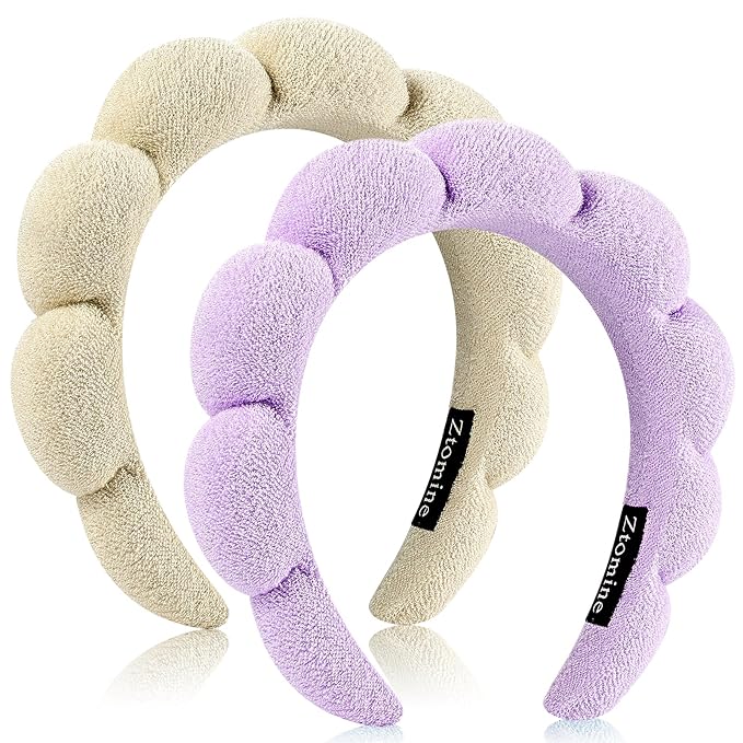Ztomine Spa Headbands, Set of 2, Terry Cloth Headband for Washing Face or Facial, Puffy Makeup Headbands for Face Washing, Mask, Beige + Purple (1 Beige & 1 Purple Combo Pack)