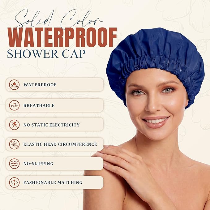 Reusable Shower Cap for Women, Large Waterproof Shower Bonnet with Elastic Band, Washable Bath Hair Cap for Long, Curly Hair, Braids, Daily Shower, Home Spa, Travel(Navy)