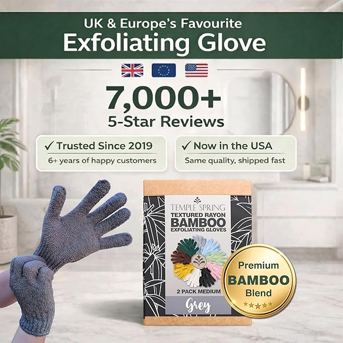 Temple Spring Shower Gloves Exfoliating for Women – Natural Textured Rayon Bamboo Exfoliating Glove with Thicker Weave for Deep Cleansing, Dead Skin Removal & Smooth Radiant Skin (1 Pair, Gray)