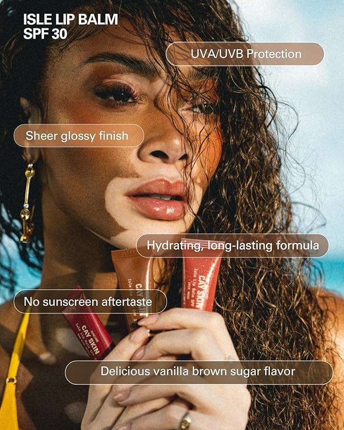 Cay Skin Isle Lip Balm SPF 30 – High Shine, Hydrating + Sheer Lip Gloss in Vanilla Brown Sugar Flavor – Formulated with Natural Ingredients for All Skin Tones – Bad Gyal Berry, 0.35 oz