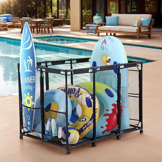 Tiita Pool Storage Bin, Rolling Pool Toy Storage Organizer,Parts & Accessories，Pool & Spa Replacement Parts（Black）