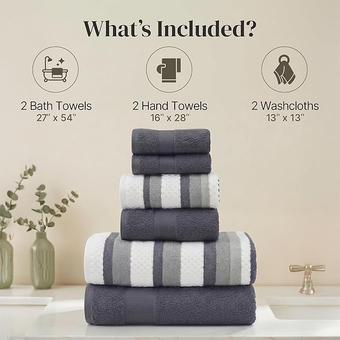 Modern Threads Pax 6-Piece Reversible Yarn Dyed Jacquard Towel Set - Bath Towels, Hand Towels, & Washcloths - Super Absorbent & Quick Dry - 100% Combed Cotton, Denim