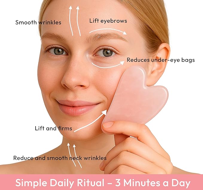 Rose Quartz Gua Sha Facial Tool Heart-Shaped Crystal for Puffiness, Lymphatic Drainage & Facial Sculpting – Hand-Carved Brazilian Stone for Face, Neck & Body