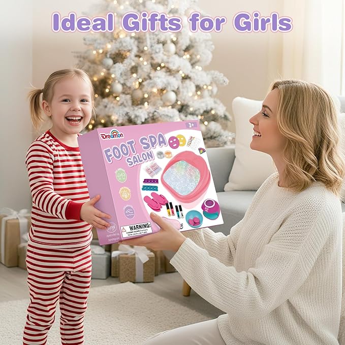 Dreamon Kids Foot Spa & Nail Kit Set - 25 Pcs Kids Spa Day Kit with Middle Size Rainbow Light Massage Foot Soak Tub - Manicure Pedicure Art Salon Girl Stuff - Christmas Birthday Gift for 3-12 Year Old