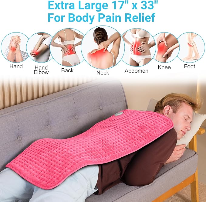 Boileau Electric Heating Pad for Back Pain and Period Cramps Relief, 17"x33" Extra Large XXXL, 3 Heating Levels Heat Pad with 2-Hour Auto Shut Off, Gifts for Women and Mom, Pink