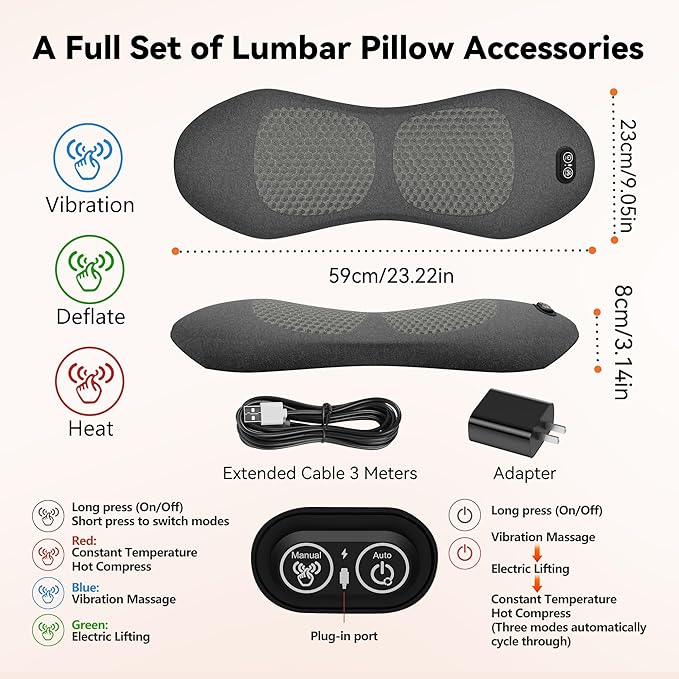 3 in 1 Smooth Spine Triple Fusion Back Massager with 118-inch USB Cable, Heated & Vibration &Traction Back Massager for Pain Relief Deep Tissue,Relaxation Lumbar Pillow for Office Home Use