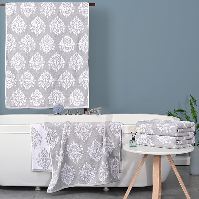 Grey Pattern Bath Towels, 4PC 28"x 52" - 100% Cotton | Lightweight | Absorbent, Quick Dry Bath Towel, Grey Decorative Bath Towels for Bathroom, Damask Jacquard Shower Towel Gift Set, Gray and White