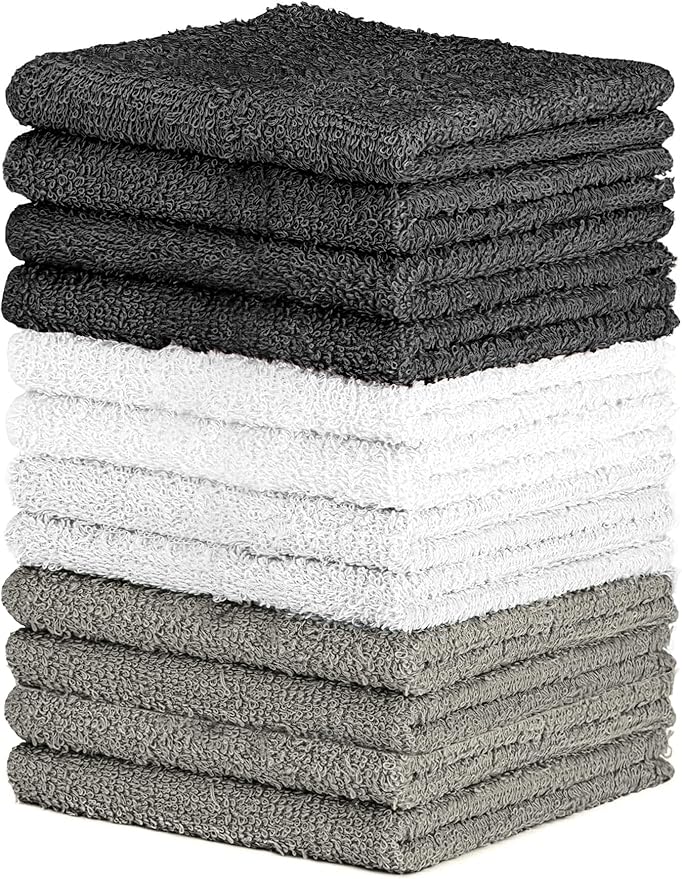 QUBA LINEN 100% Cotton Washcloth Set – Soft, Absorbent Face Towels for Bathroom & Gym Use –Reusable, Durable & Machine Washable - Dark Grey, White & Light Grey, 12x12 Inches, Pack of 12