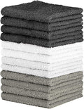QUBA LINEN 100% Cotton Washcloth Set – Soft, Absorbent Face Towels for Bathroom & Gym Use –Reusable, Durable & Machine Washable - Dark Grey, White & Light Grey, 12x12 Inches, Pack of 12