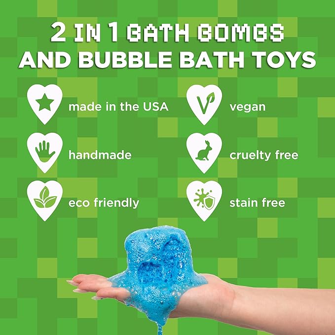 TNT Creeper Bath Bomb for Kids with Block Builder Surprise Toys Inside (1 Pack) – Large Fizzy Bubble Mine Bomb - Easter Basket Stuffers for Boys, Fruity Scent, Skin-Safe, Made in USA by Two Sisters