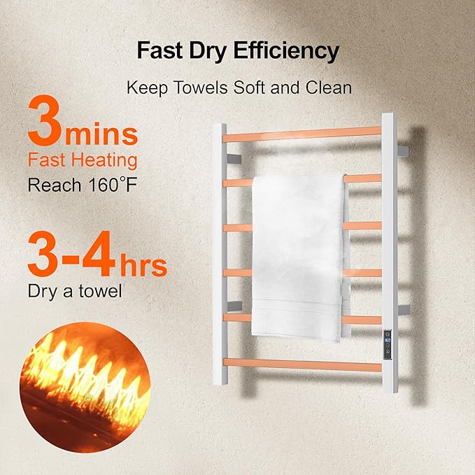 Electric Heated Towel Warmer - Wall Mounted Bathroom Towel Rack, Plug-in Design & Stainless Steel Brushed with Timer & Temperature Control 6 Bar