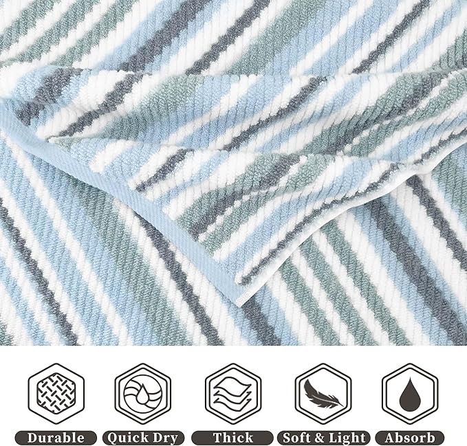 Blue Striped Towels Set of 3, 100% Cotton, Quick Dry, Soft & Absorbent Luxury Bathroom Towel Set ( Hand Towel 16"x27", Washcloth 13"x13",Bath Towel with Hanging Loop 28"x52", ) , Blue & Gray Striped