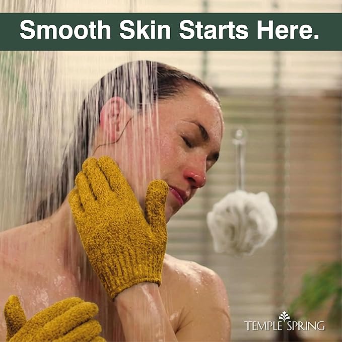 Temple Spring Shower Gloves Exfoliating for Women – Natural Textured Rayon Bamboo Exfoliating Glove with Thicker Weave for Deep Cleansing, Dead Skin Removal & Smooth Radiant Skin (1 Pair, Mustard)