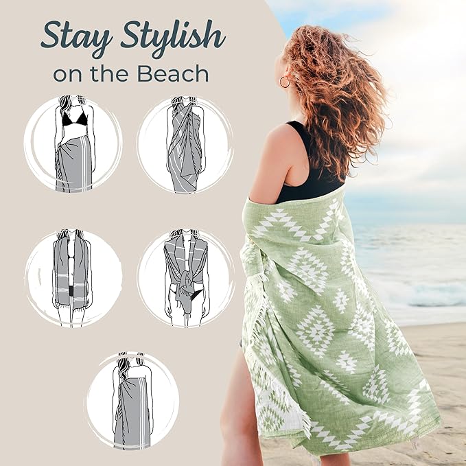 Turkish Towels Beach Towels Oversized (35”x67”) Beach Towels for Adults Quick Dry and Sand Free Beach Towel Beach Blanket 100% Cotton Turkish Towel - Soft Green