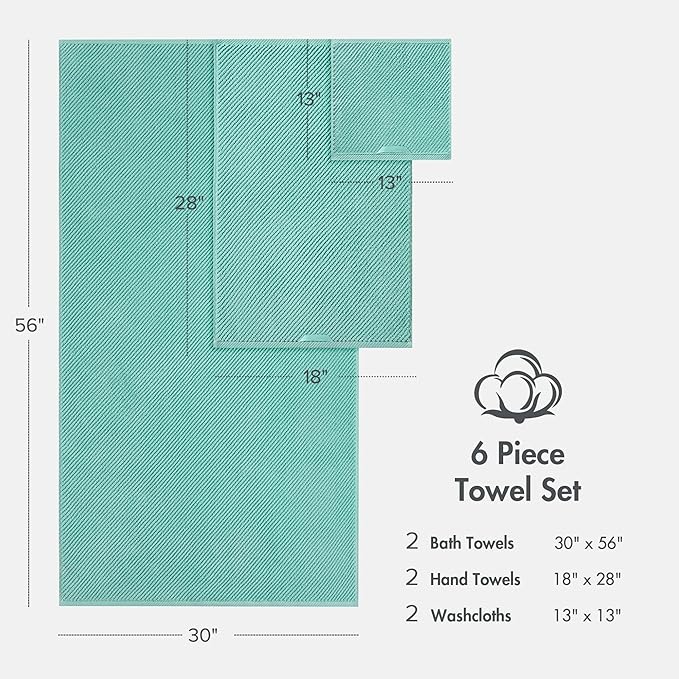 Madison Park Bathroom Towel Set of 6 Diagonal Ribbed, Turquoise 100% Cotton Quick Dry & Absorbent| 2 Bath 30" x 56"| 2 Hand 18" x 28"| 2 Washcloths 13" x 13"| Zero Twist, 500 GSM, Oeko-TEX
