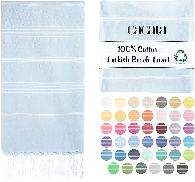 Cacala Lightweight and Thin Turkish Beach Towel 100% Cotton Sand-Free and Quick-Drying Goodness Perfect as an Extra Large Travel Towel, Beach Accessory, or Gift for Beach Lovers, 37 x 70