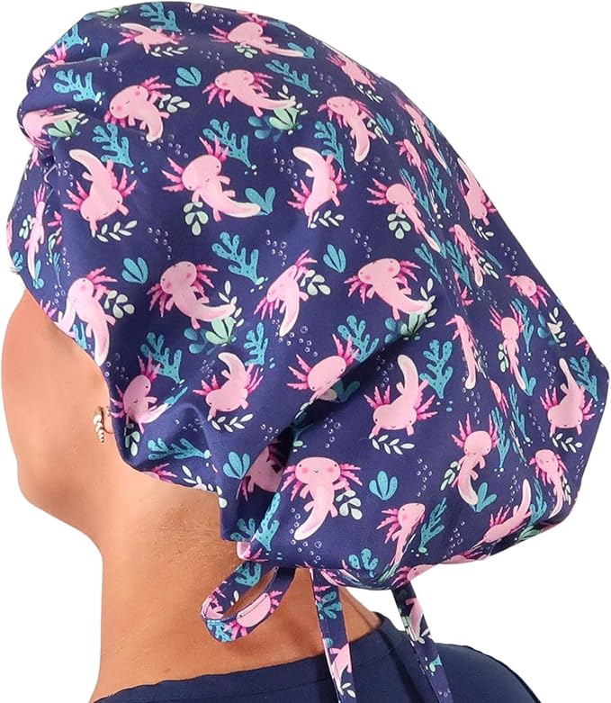 Sparkling EARTH Banded Bouffant Surgical Scrub Ponytail Working Caps and Built-in Sweatband - 100% Cotton - Made in The USA