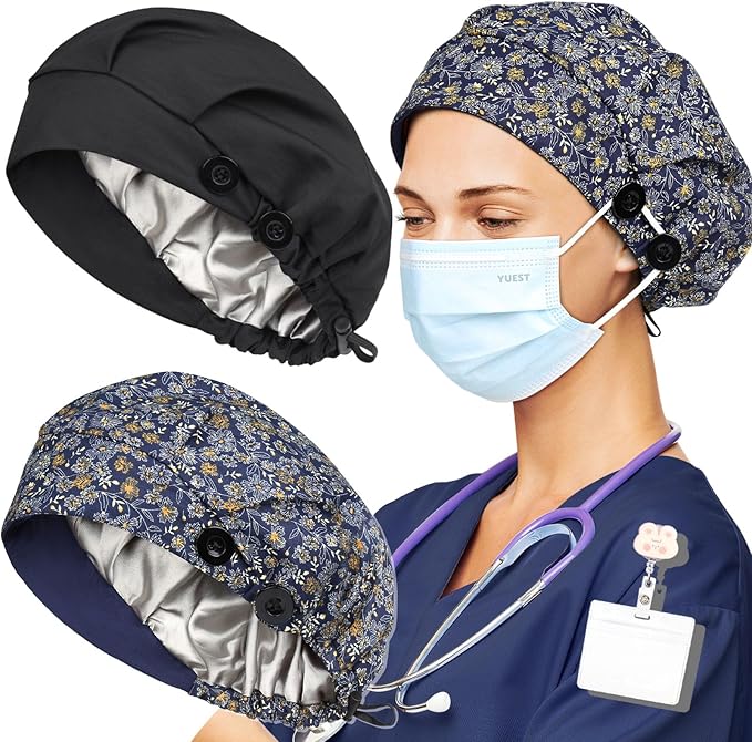2 Pack Satin Lined Bouffant Scrub Caps with Buttons, Adjustable Scrub Caps for Women Men