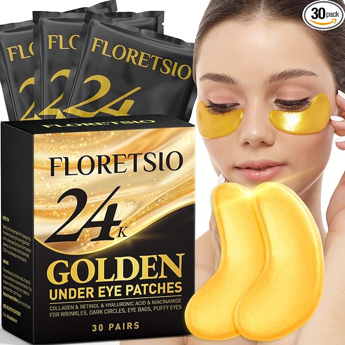 Under Eye Patches for Dark Circles - 24K Gold Collagen Cooling Gel Eye Mask with Retinol & Hyaluronic Acid, Jet Lag Support, Reduces Puffy Eyes & Fine Lines Delays Aging Treatment Women/Men(30 Pairs)