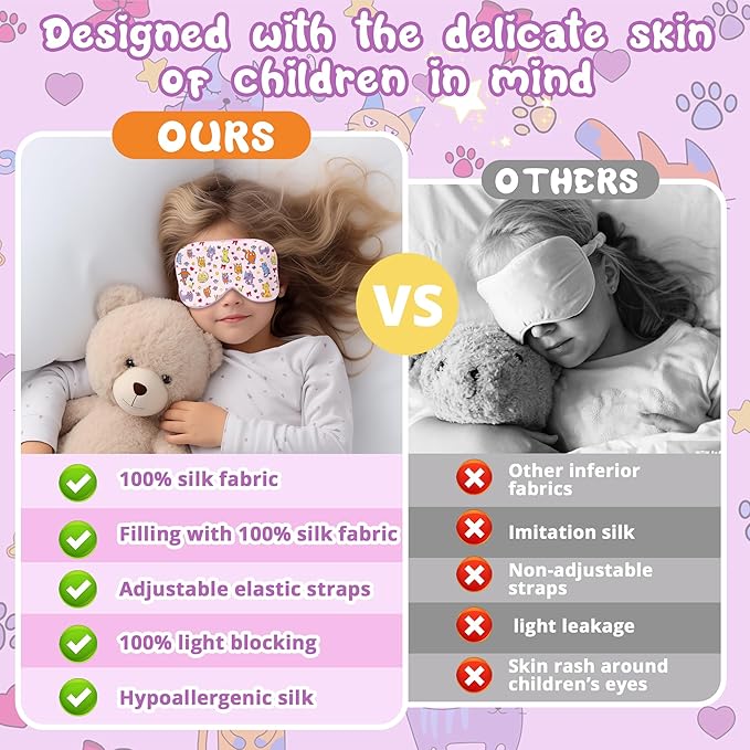 Kids Sleep Mask Eye Cover: 100% Real Natural Pure Silk Eye Mask with Adjustable Strap, Funny Blindfold Kids Eye Mask for Sleeping, Soft & Lightweight Eye Shade for Boys Girls Teens (Cats Style)