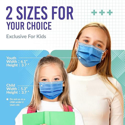 Medtecs Kids Face Mask Disposable - 2 Sizes Option (Child/Youth) 50 PCs - Comfy 3-Ply Breathable Children Masks, The Better Choice - Youth | Cobalt Blue