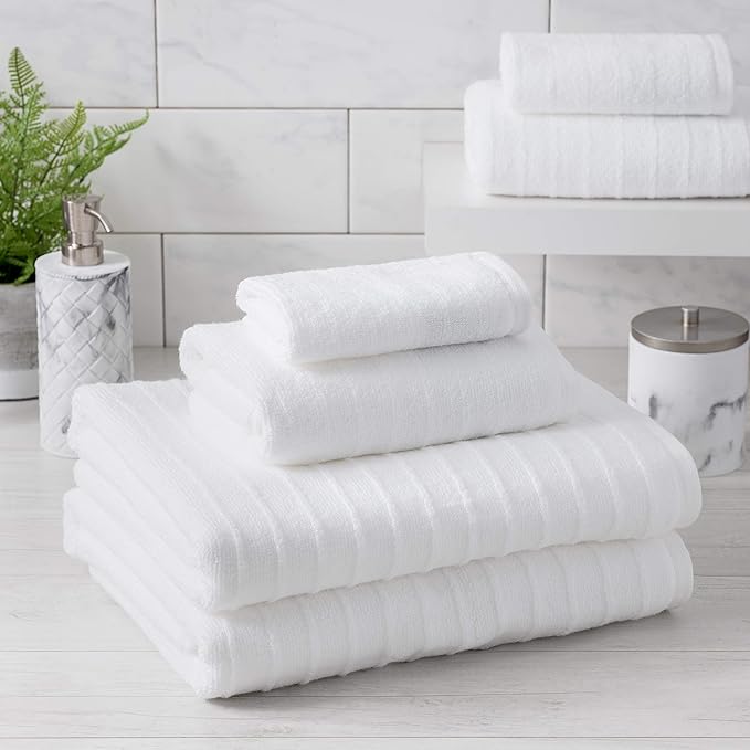 Welhome James 100% Cotton Textured Stripe Towel Set - 6 Piece Set of 2 Bath Towels, 2 Hand Towels, 2 Washcloths, Soft & Absorbent, White