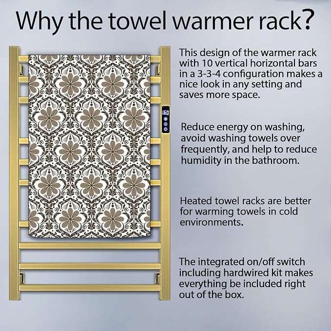 XBVV Towel Warmer Rack for Bathroom with Timer/Fahrenheit Temperature Control Wall Mounted Electric Heated 10 Bar Rail Plug-in or Hardwired Keep Bath Shower Towel Warming (Brushed Gold)