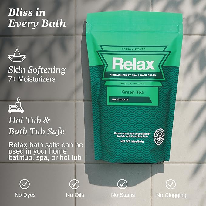 Relax Spa & Bath Aromatherapy Bath Salts for Hot Tub, Bath, or Spa, 2LB Bag Infused with Magnesium, Bath Salt for Soaking, Green Tea Scent