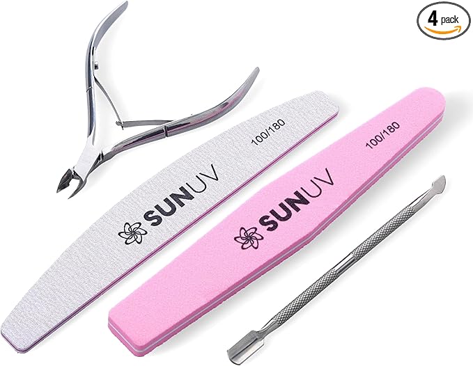 SUNUV 4PCS Cuticle Nippers, Cuticle Pusher with Nail File and Buffer Set, Professional Stainless Steel Durable Pedicure Manicure Nail Care Tools