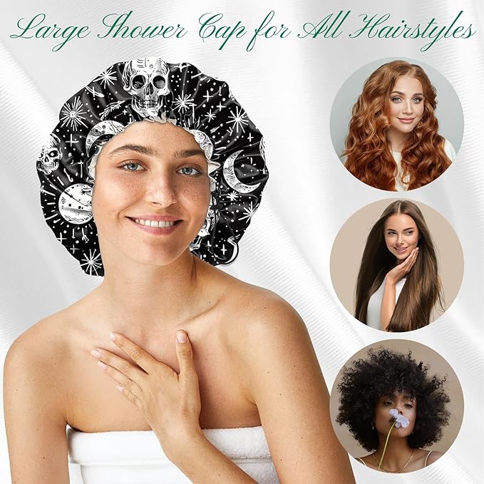 2 PCS Shower Cap Waterproof Double Layer Elastic Adjustable Reusable Hair Bath Caps for Girls Women Cute Aesthetic-Black Grey