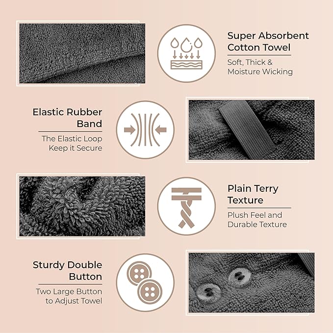 Lili&James 100% Cotton Hair Towel Wrap Quick Dry Super Absorbent Turban Head Wrap for Women/Kids/Men with Double Button, Anti Frizz, Hair Cap for Curly, Long & Thick Hair (Dark Grey)