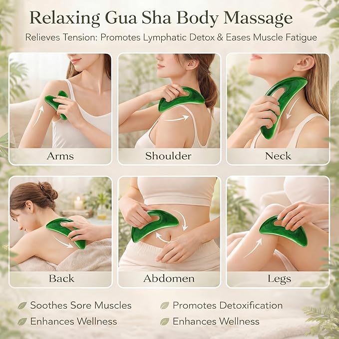 BBTO 2 Pcs Body Gua Sha Tool Large Resin Scraping Tools with Handle for Back, Neck, Face, Leg - Lymphatic Drainage, Cellulite Removal, Muscle Relief (Green)