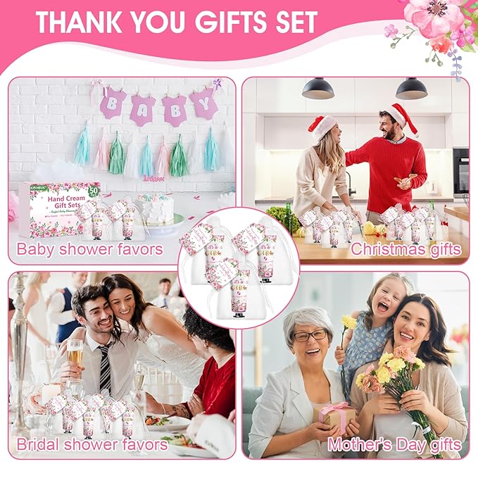 KONEUK 50 Pack Bulk Hand Cream Sets, Bridal Shower Favors, Appreciation Gifts and Baby Shower Favors for Guests with Thank You Card and Organza Gift Bags, Wedding Party Favors (Baby Girls)