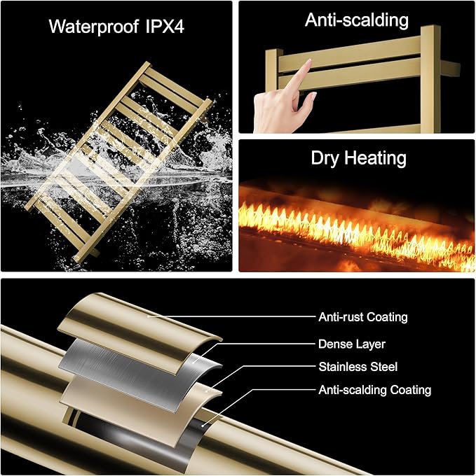 Electric Towel Warmer - Wall Mounted Bathroom Heated Towel Rack, Plug-in Design & Brushed Stainless Steel Finish Gold