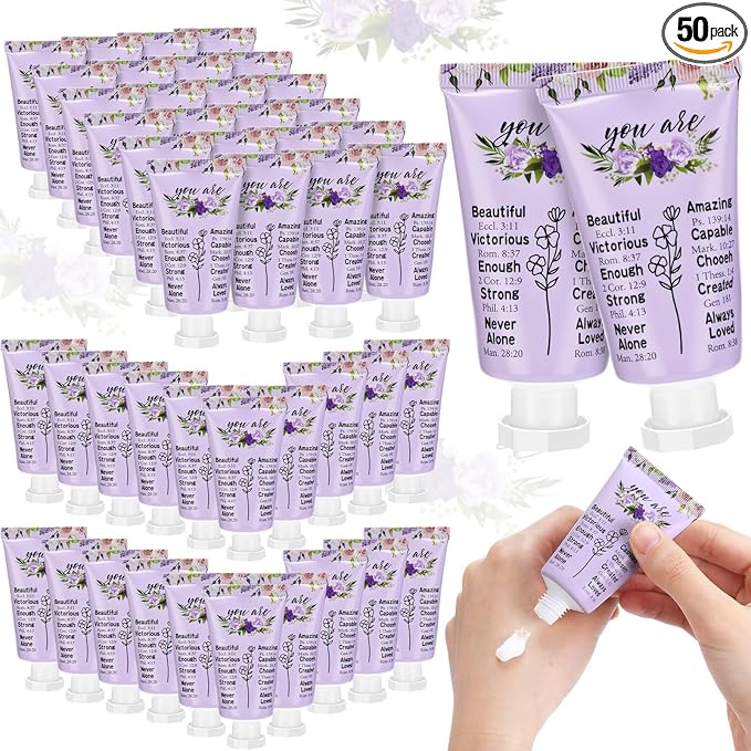 50 Pack Christian Hand Lotion Bulk Gifts for Women Mother's Day Gifts Bible Mini Travel Hand Lotion for Women Church Appreciation(Purple Flower)