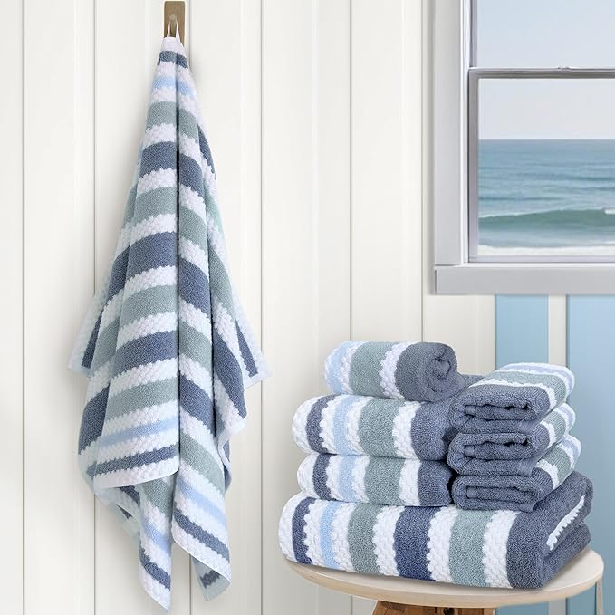 Waffle Towels for Bathroom - Quick Dry | Thick | Lightweight | 500GSM, 2Bath 28"x52", 2Hand 16"x27", 4Wash 13"x13", Cotton Polyester Blend Towels with Hanging Loops, Blue Gray Stripe and White