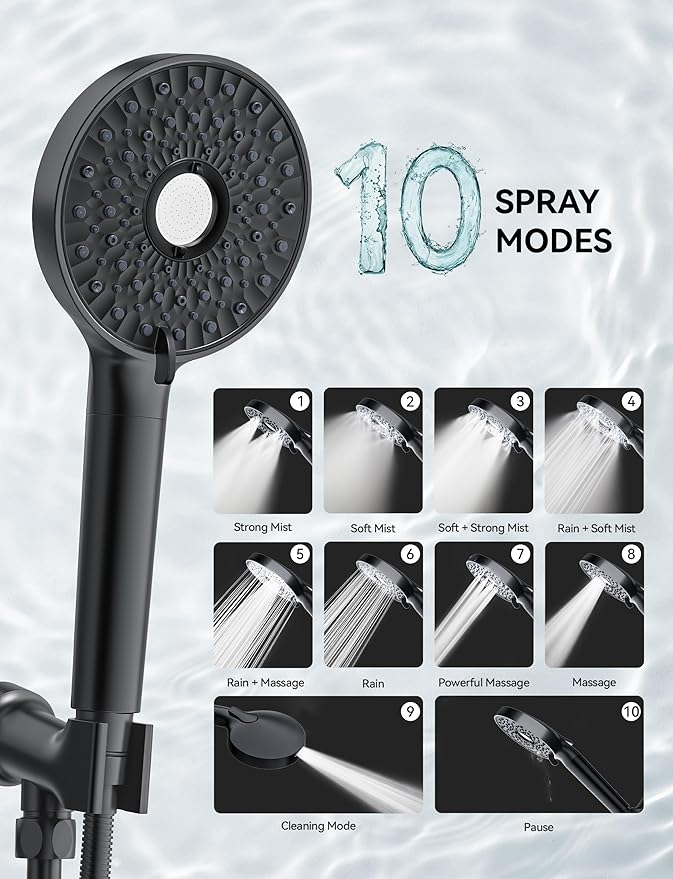Magichome Shower Head with Handheld, High Pressure 10-Spd Detachable Chrome Showerhead with Stainless Hose,- Remove Chlorine, Black
