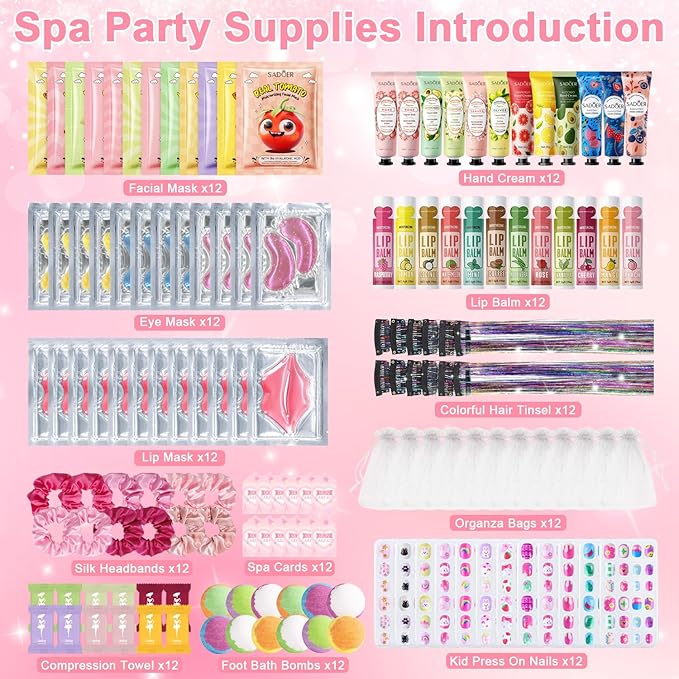 144 Pcs Spa Party Decorations for Girls, Spa Birthday Party Supplies Include Face Masks Skincare, Hand Cream, Lip Balm, Under Eye Patches, Lip Mask, Foot Bath Bombs, Press-on Nails and Hair Tinsel